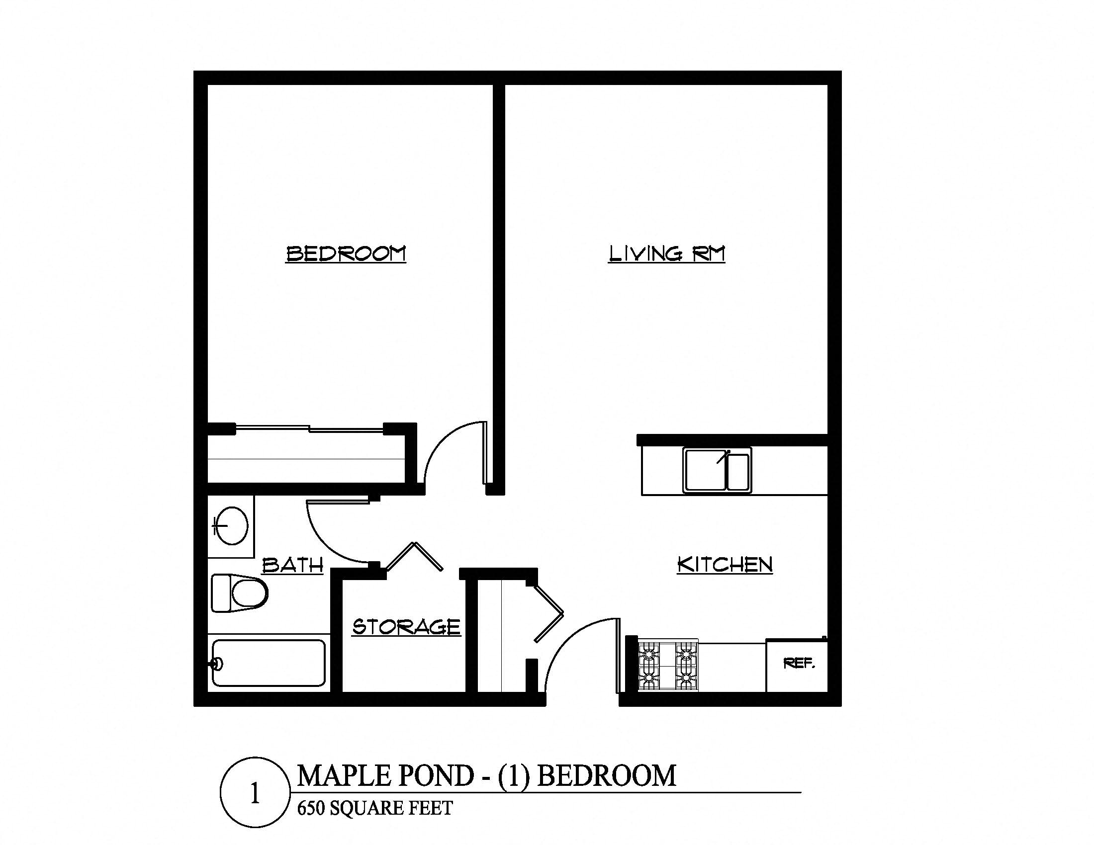 Floor plan for 1 bed, 1 bath, 650 sqft